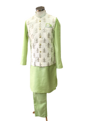Mint Green -  Mens Kurta Set with Rich Brocade Waistcoat  - MOHRA TT0322