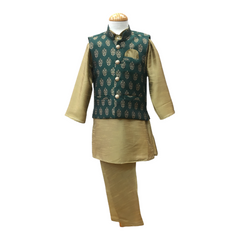 Bollywood / Indian weddings - Boys Green Brocade Waistcoat and Gold Kurta set - KCS2115KK 1121