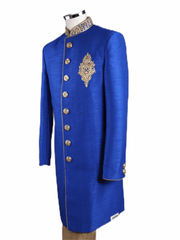 Mens Raw Silk Royal Blue Brocade Sherwani - VL1907 AA1119 - Prachy Creations
