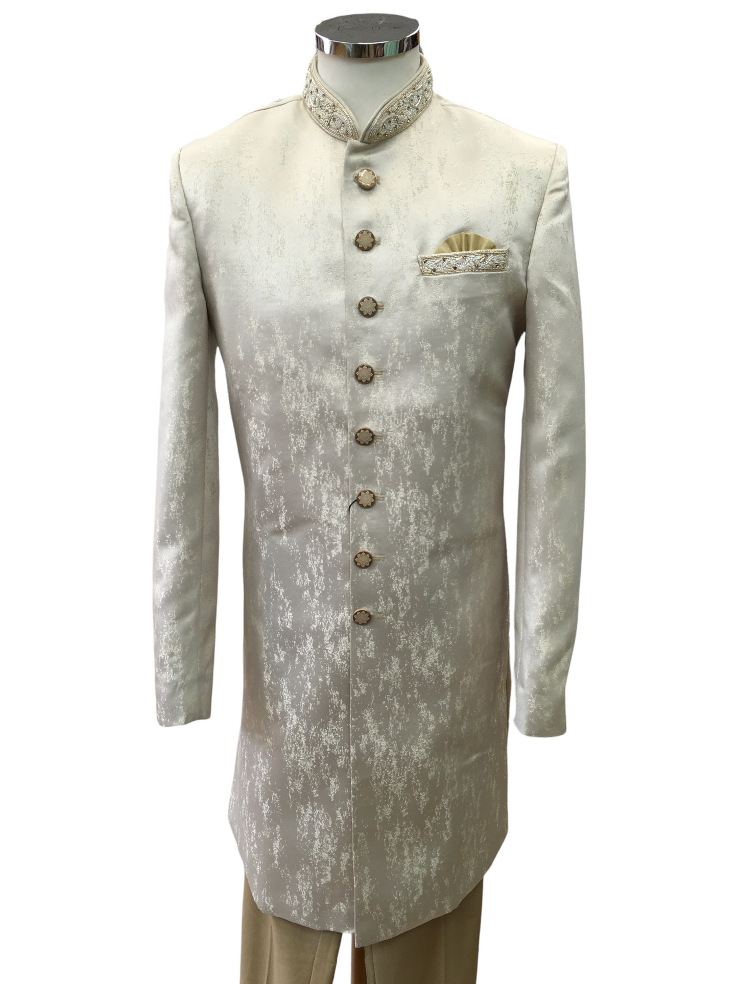 Mens Stunning Self Brocade Cream Gold Sherwani with Trousers -  CS-JP033PY 0322