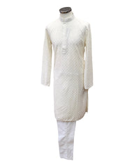 Cream Rich Lucknowi Cotton Mens Kurta Set - UK Stock - 24h Dispatch - MAHARAV VA 0223