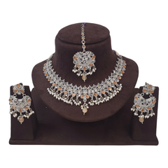 Peach - Silver Finish Choker Necklace set - Sangeet , Mehndi, Weddings - HR932 KJ1221