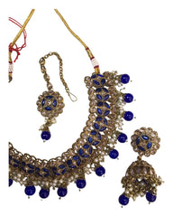 Blue - Medium Size Antique Finish Necklace Set with Earrings - MNA1122 KK 1122