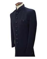 Stunning Navy Blue Self Coloured Embroidery Sherwani with Cream Trousers -  SHU2301 JR0123