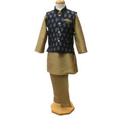 Bollywood / Indian weddings - Boys Navy Blue Brocade Waistcoat and Gold Kurta set - KCS2114KK 1121