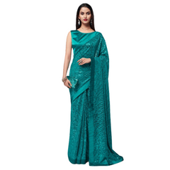 Prachy Creations - Teal Blue Sequins Saree with Satin Blouse Piece - ANM2106 TY0621