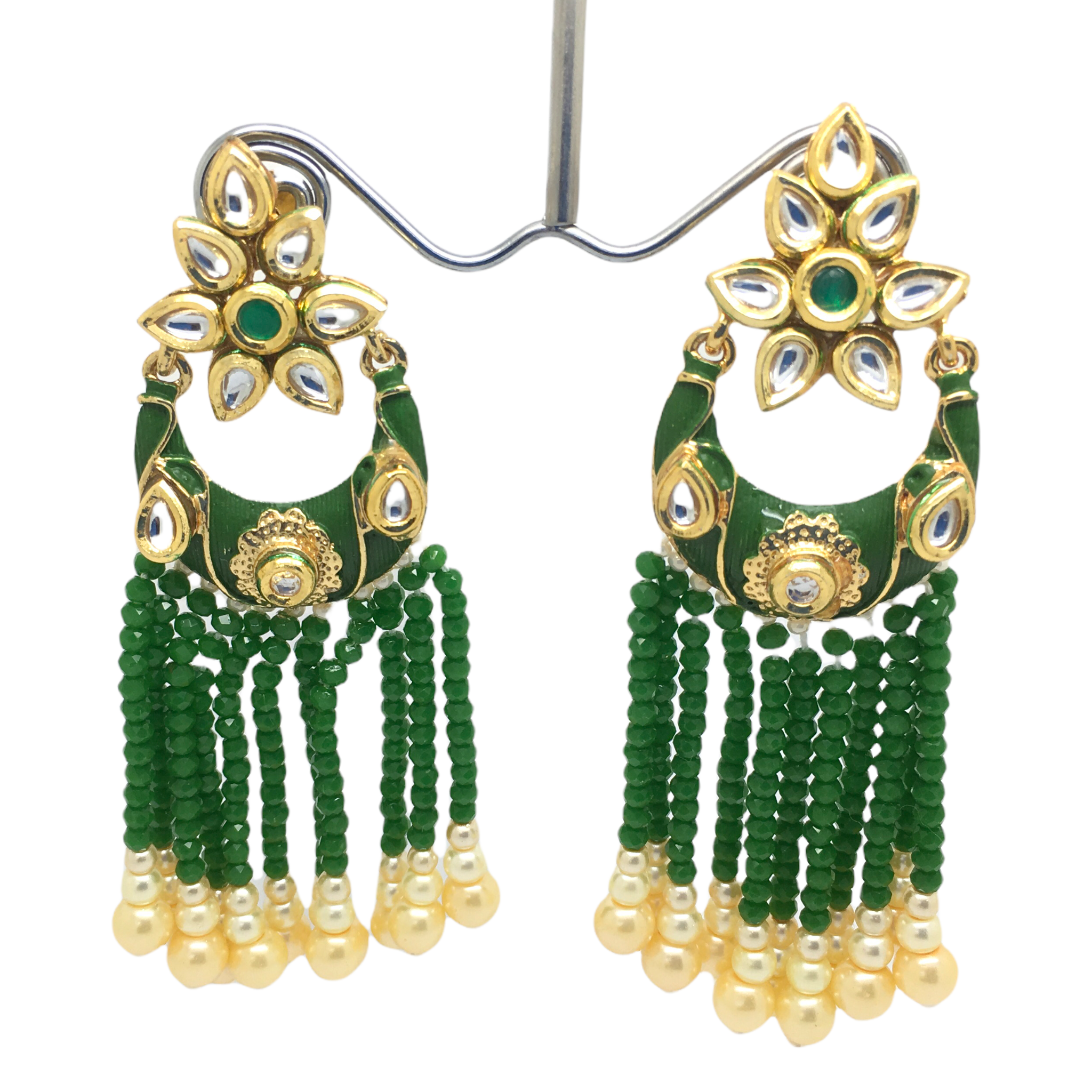 Green Rajasthani Jadtar Meenakari Handmade Earrings - LAJ1083J 1221