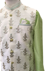 Mint Green -  Mens Kurta Set with Rich Brocade Waistcoat  - MOHRA TT0322