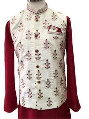 Maroon / Cream -  Mens Kurta Set with Rich Brocade Waistcoat  - MOHRA TT0322