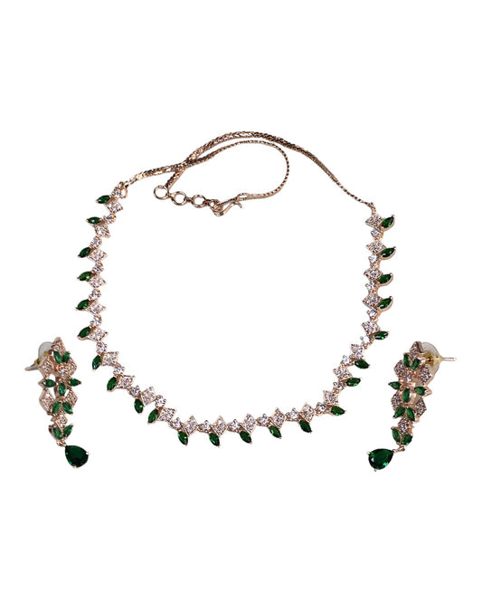 Green - AD Gold Finish  Small Size Necklace Set with Earrings - PMJ04 A 0223