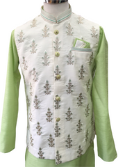 Mint Green -  Mens Kurta Set with Rich Brocade Waistcoat  - MOHRA TT0322