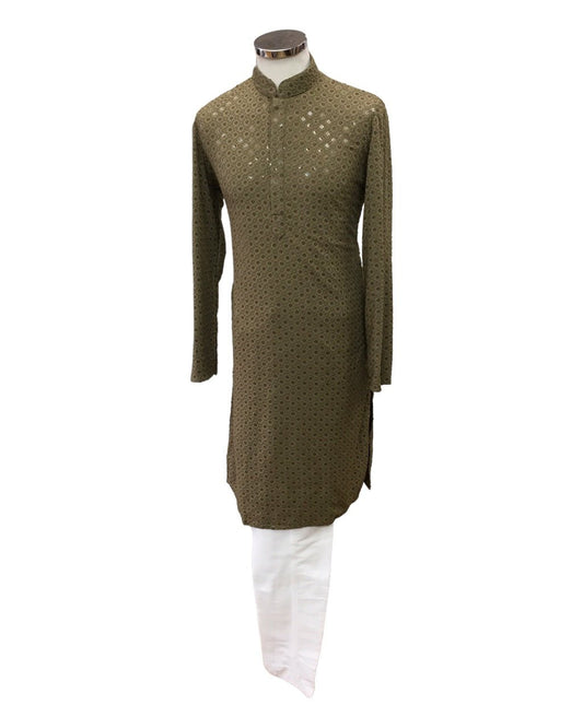 Khaki Brown Lucknowi Mens Kurta Set - UK Stock - 24h Dispatch - MAHARAV VA 0223 - Prachy Creations