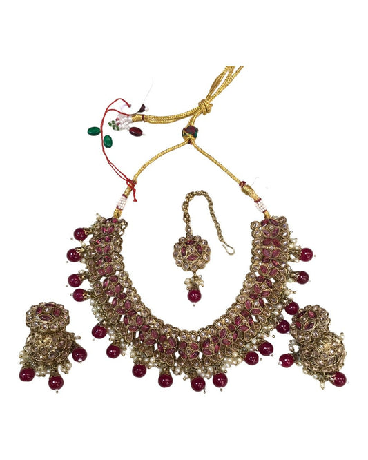 Magenta - Medium Size Antique Finish Necklace Set with Earrings - MNA1122 KK 1122 - Prachy Creations