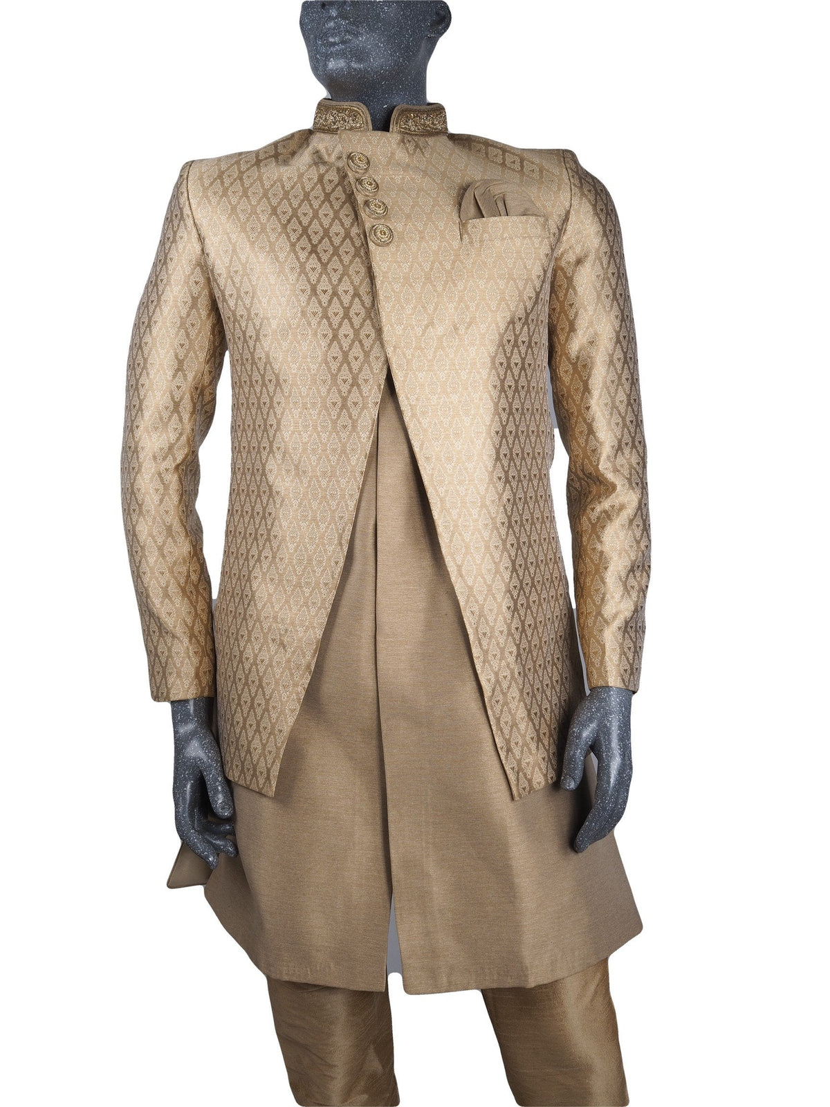 Mens Gold Brocade Sherwani set - With gold Churidar trousers - Bollywood Party Weddings - VFEW1901 KYY0819 - Prachy Creations