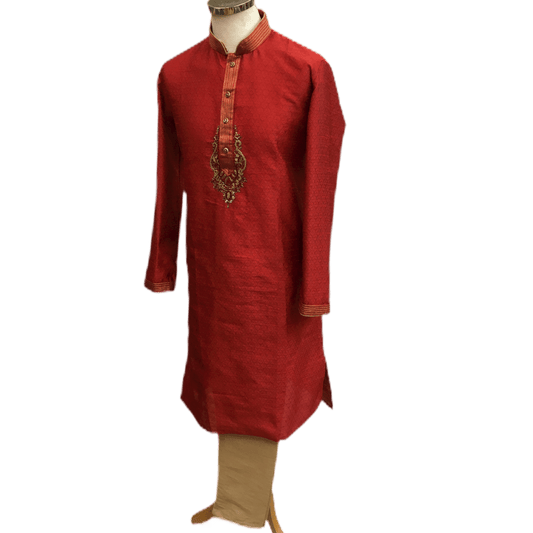 Mens Indian Kurta set in Red, for weddings, Bollywood Party ( with Draw stringed trousers) - Innova VV1219 - Prachy Creations