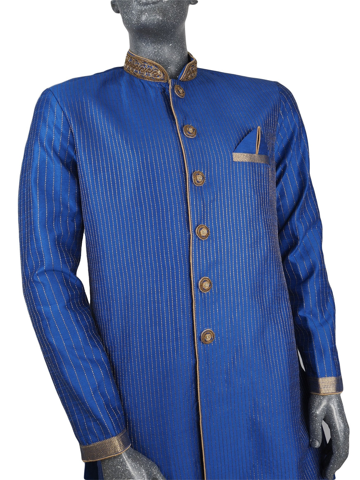 Mens Indian Sherwani Kurta set in Blue (with gold trousers) -Mahajan VC0819 - Prachy Creations
