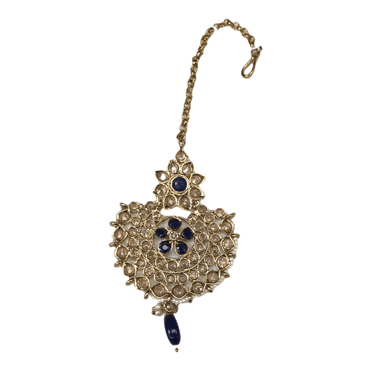 Navy Blue - Gold Finish Tika Head Piece - Indian Ladies Fashion Jewellery - PRI1630V 1221 - Prachy Creations