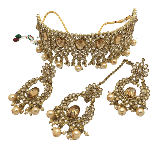 Neutral Gold Ladies Choker Necklace set - Bollywood - Weddings - MAN764KJ 0921 - Prachy Creations