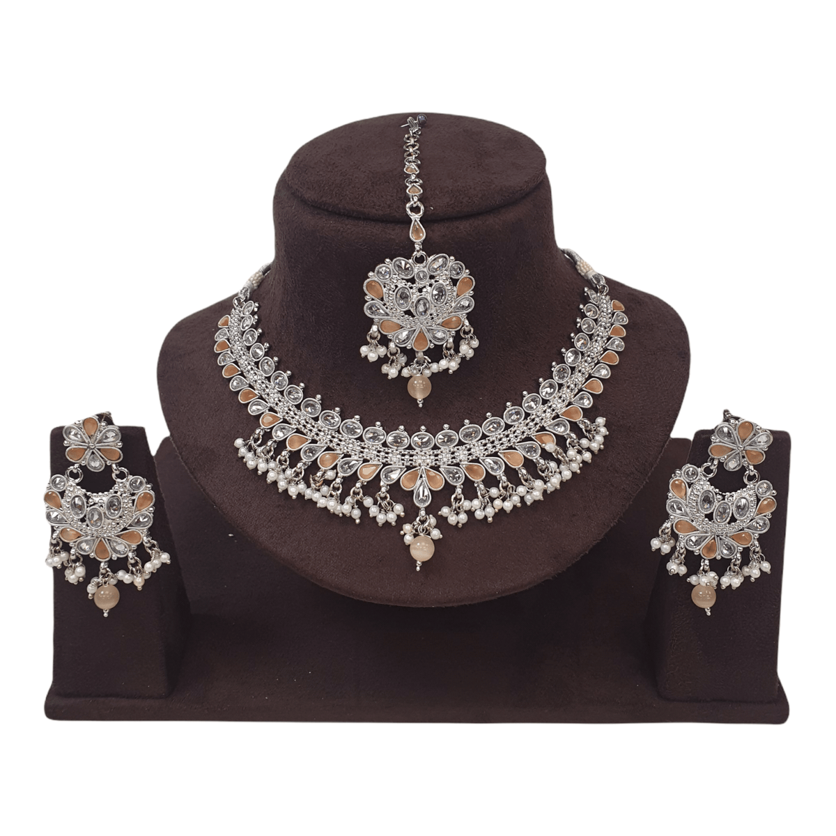 Peach - Silver Finish Choker Necklace set - Sangeet , Mehndi, Weddings - HR932 KJ1221 - Prachy Creations