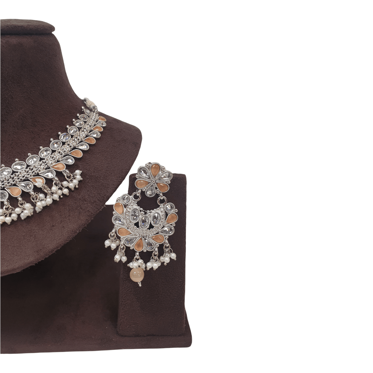 Peach - Silver Finish Choker Necklace set - Sangeet , Mehndi, Weddings - HR932 KJ1221 - Prachy Creations