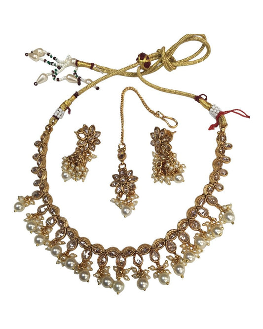 Pearl / Neutral - Medium Size Necklace Set with Earrings - SLV07H 0822 - Prachy Creations