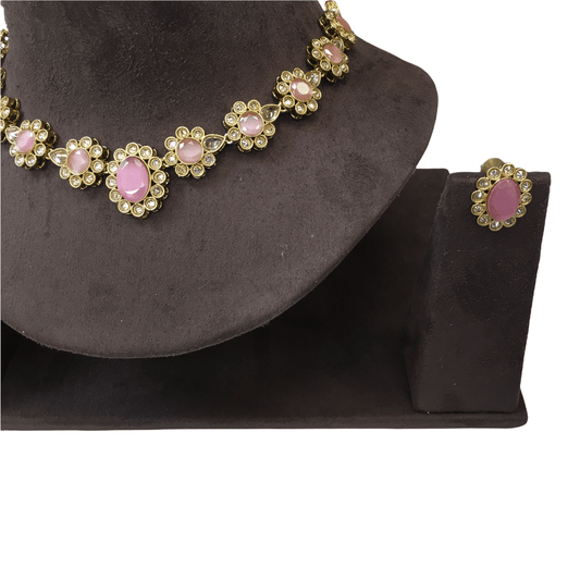 Pink - Antique Gold Finish Choker Necklace set - Sangeet , Mehndi, Weddings - AE2139 C1221 - Prachy Creations