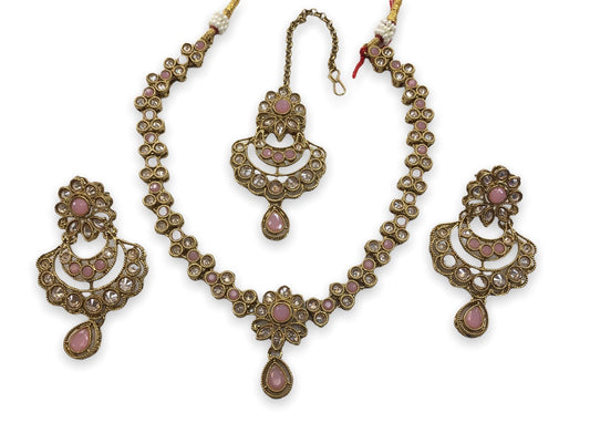 Pink Medium Size Choker Necklace set with Earrings - JIG390Cp 0622 - Prachy Creations