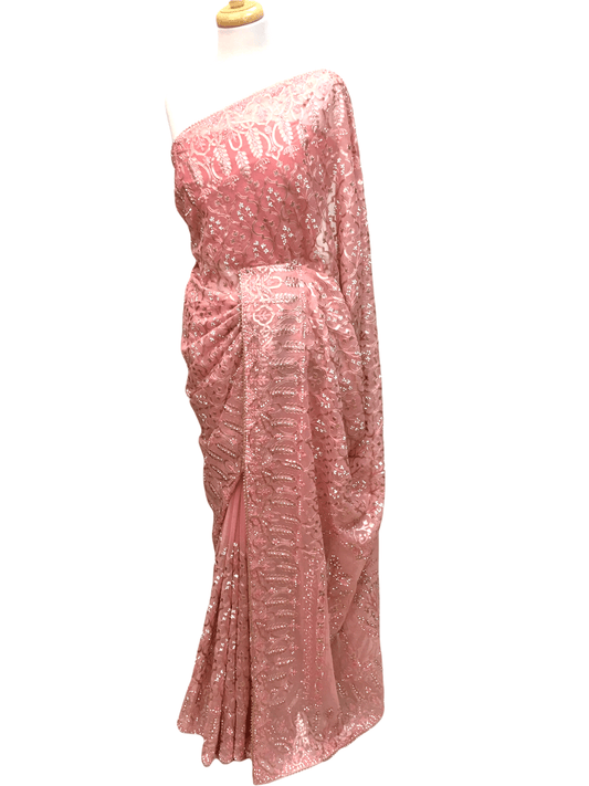 Pink - Thread and Stone Embroidered Saree - AFS2205 CP0122 - Prachy Creations