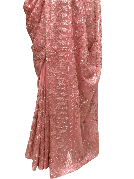 Pink - Thread and Stone Embroidered Saree - AFS2205 CP0122 - Prachy Creations