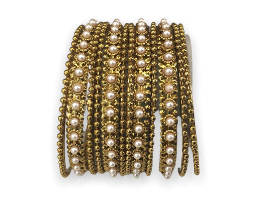 Set of 12 Pearl/ Gold stone Bangles - Bollywood, Weddings, Fancy Dress JAN2012 V0622 - Prachy Creations