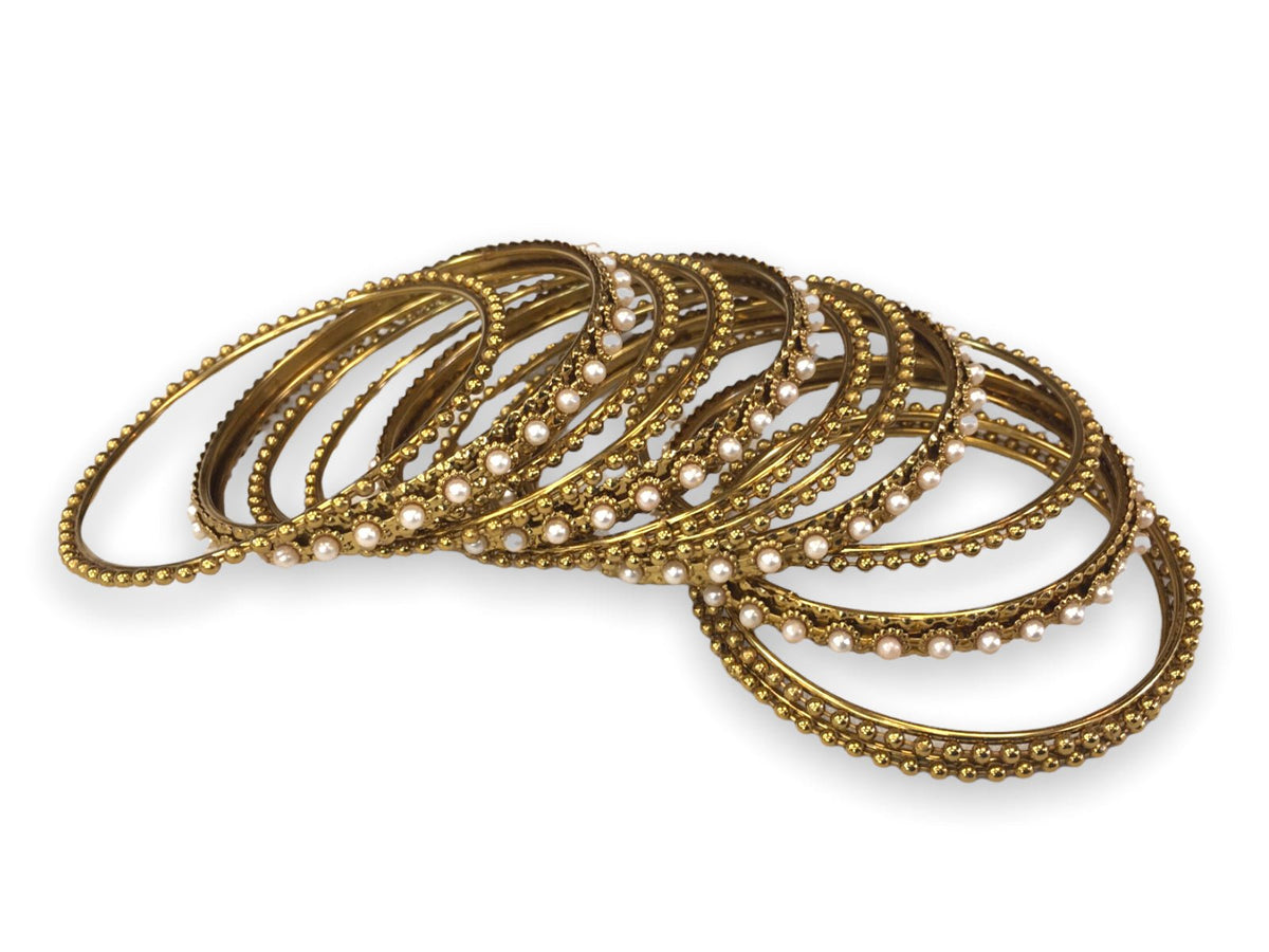 Set of 12 Pearl/ Gold stone Bangles - Bollywood, Weddings, Fancy Dress JAN2012 V0622 - Prachy Creations