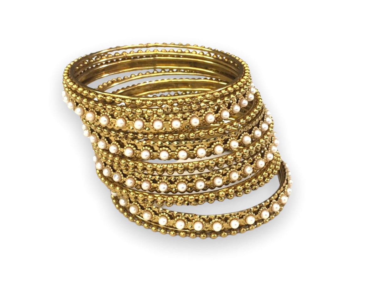 Set of 12 Pearl/ Gold stone Bangles - Bollywood, Weddings, Fancy Dress JAN2012 V0622 - Prachy Creations