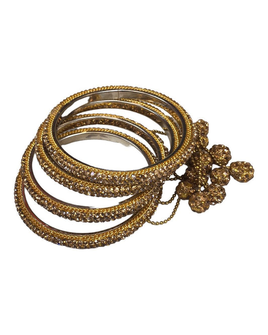 Set of 4 Antique Gold Stone Bangles with Dangle - Bollywood, Weddings D666 J 1022 - Prachy Creations