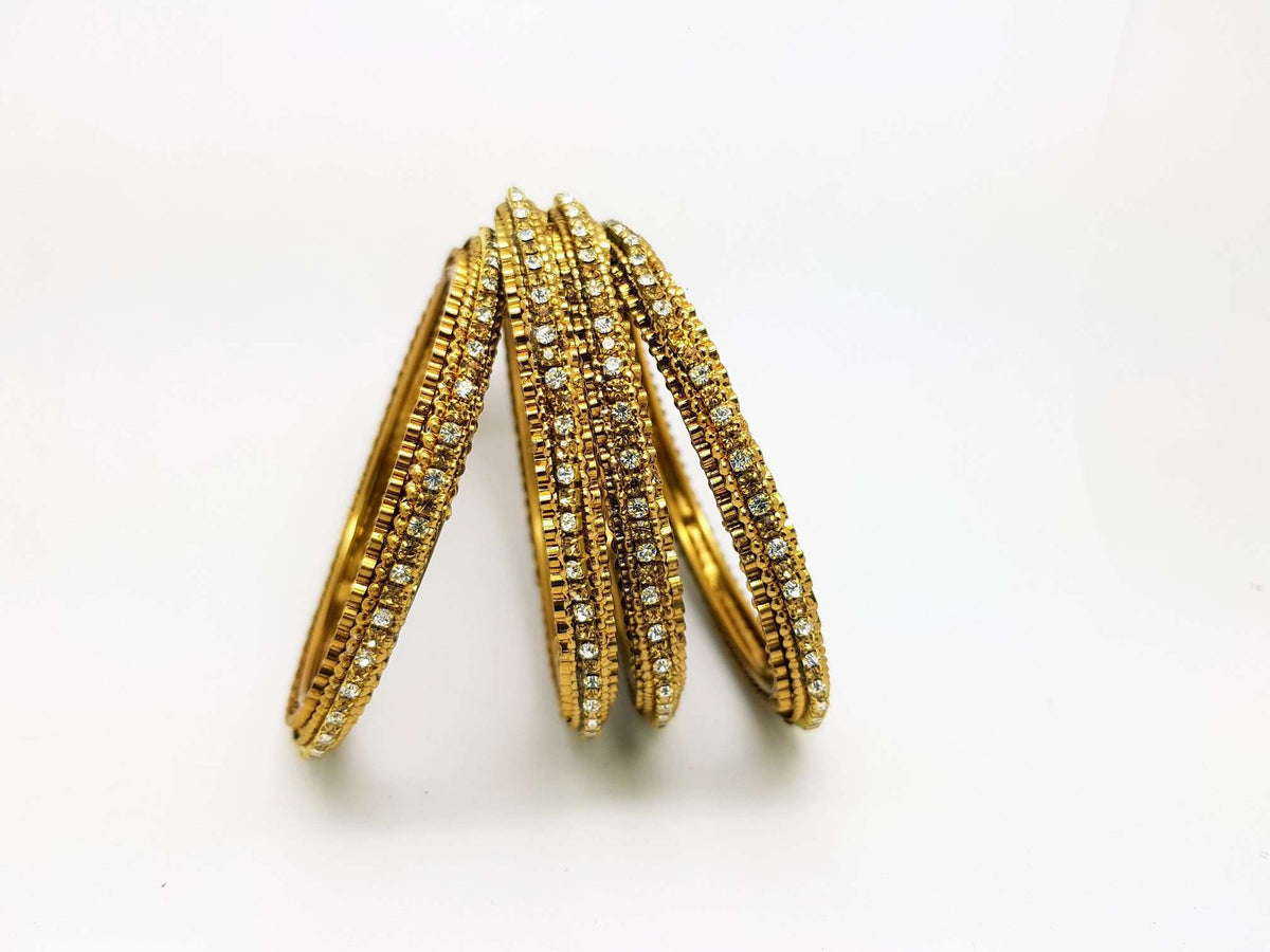 Set of Antique Finish LCT Gold / Clear stone bangles (set of 4) - JAN1604KP-LCTCLR - Prachy Creations