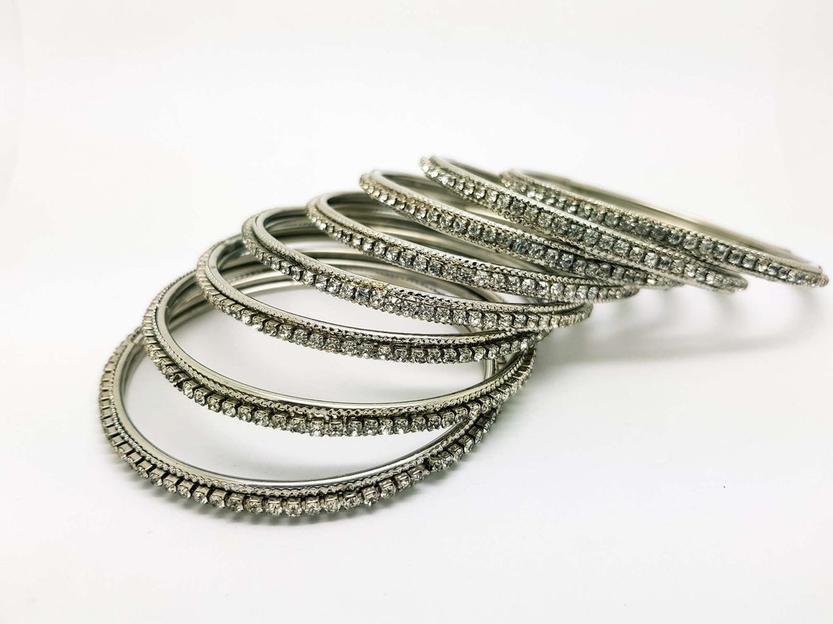 Set of Silver Finish Clear stone bangles (set of 8) - JAN1608KP-SIL-CLR - Prachy Creations