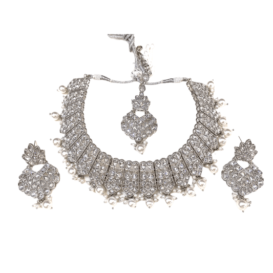 Silver Finish Necklace, Earrings and Tika set - Bollywood - Weddings - SV30 VY0721 - Prachy Creations